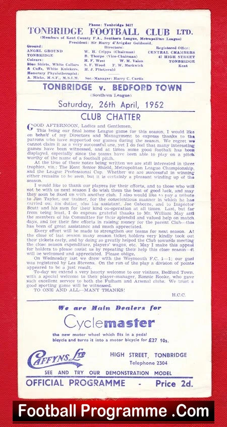 Tonbridge v Bedford Town 1952