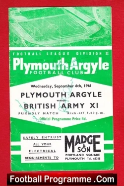 Plymouth Argyle v British Army 1961 – Multi Signed Autographed
