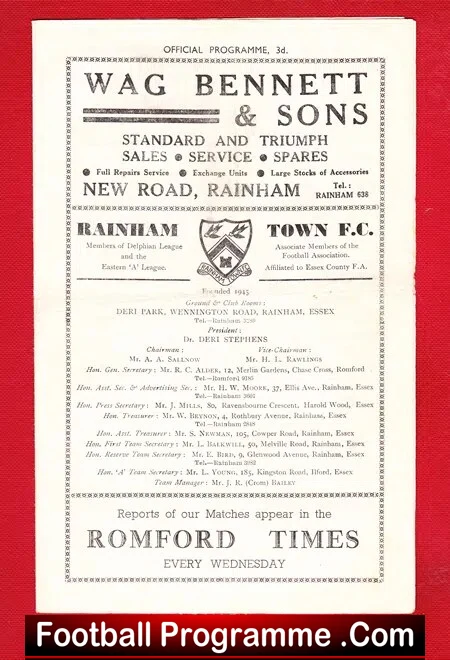 Rainham Town v Berkhamsted Town 1957 – Reserves Match