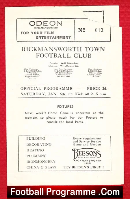 Rickmansworth Town v Berkhamsted Town 1951 – Apsley Charity Cup