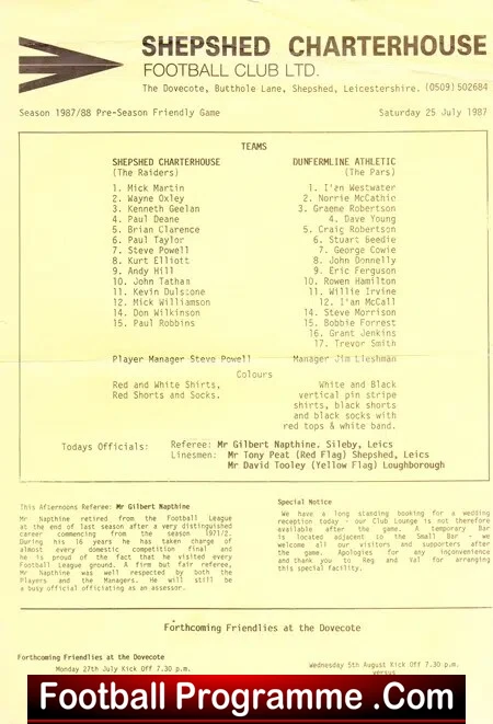 Shepshed Charterhouse v Dunfermline Athletic 1987 – Friendly