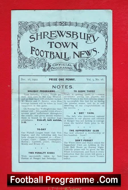 Shrewsbury Town v Redditch United 1922 Football Programme 1920’s