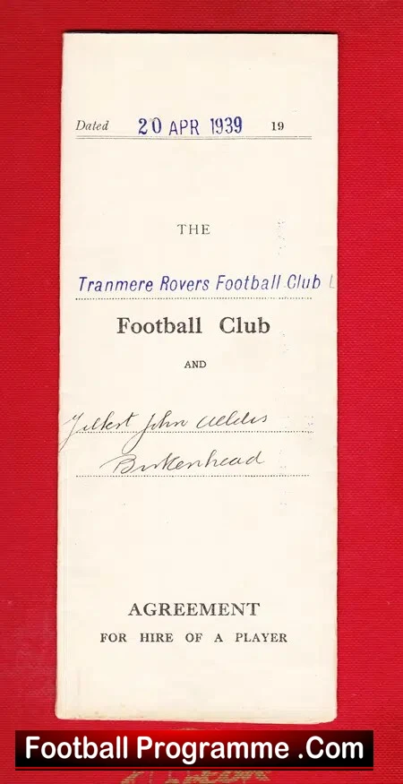 Tranmere Rovers Gil Alldis Genuine Football Player Contract 1939