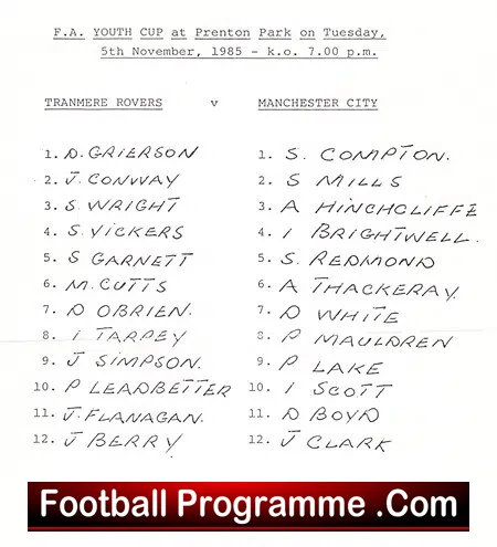 Tranmere Rovers v Manchester City 1985 – Youth Cup Prenton Park