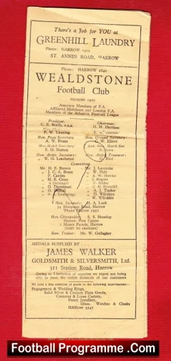 Wealdstone v Enfield 1947 - 1940s Programme FA Cup - football programme