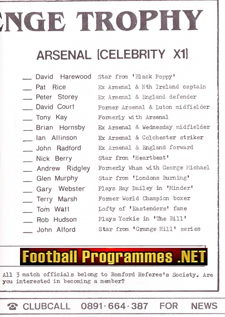 Romford v Arsenal 1992 - Friendly Match at Hornchurch