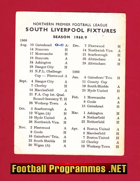 South Liverpool Football Club Fixture Card 1968 – 1969