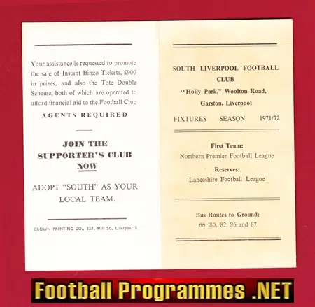 South Liverpool Football Club Fixture Card 1971 – 1972