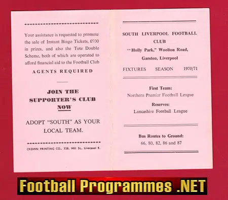 South Liverpool Football Club Fixture Card 1970 – 1971