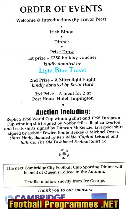 Cambridge City Sporting Dinner Menu 2001 - Signed Nobby Stiles +