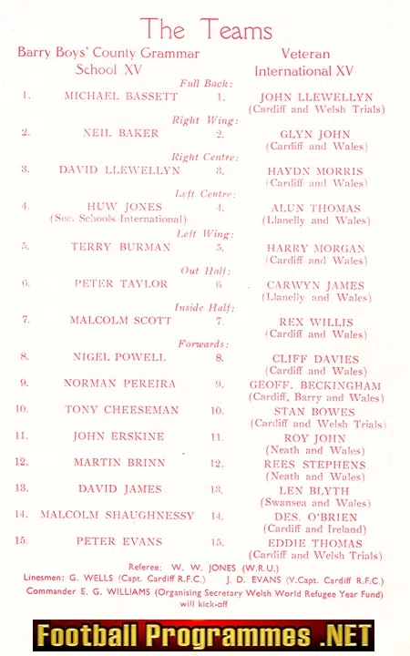 Barry Boys Grammar School v Vetran Rugby Internationals 1960