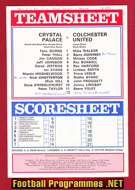 Crystal Palace v Colchester United 1975
