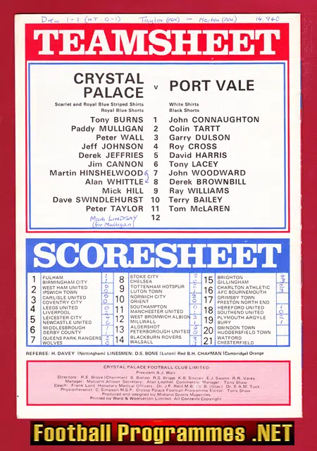 Crystal Palace v Port Vale 1975