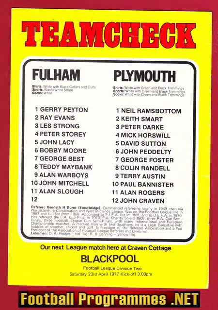 Fulham v Plymouth Argyle 1977 - George Best + Bobby Moore