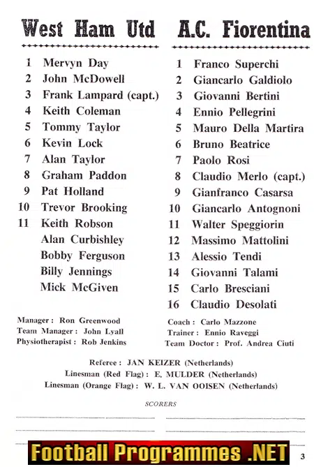 West Ham United v Fiorentina 1975 - Anglo Italian Cup