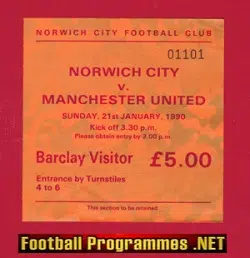 Norwich City v Manchester United 1990 - Football Ticket