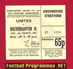 Manchester United v Wolves 1976 - Ticket Old Trafford