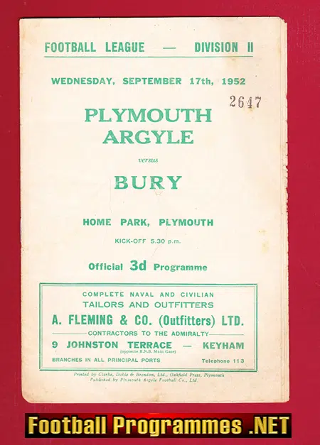 Plymouth Argyle v Bury 1952