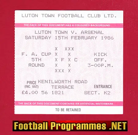 Luton Town v Arsenal 1986 – Football Ticket