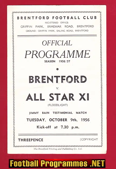 Jimmy Bain Testimonial Benefit Match Brentford 1956