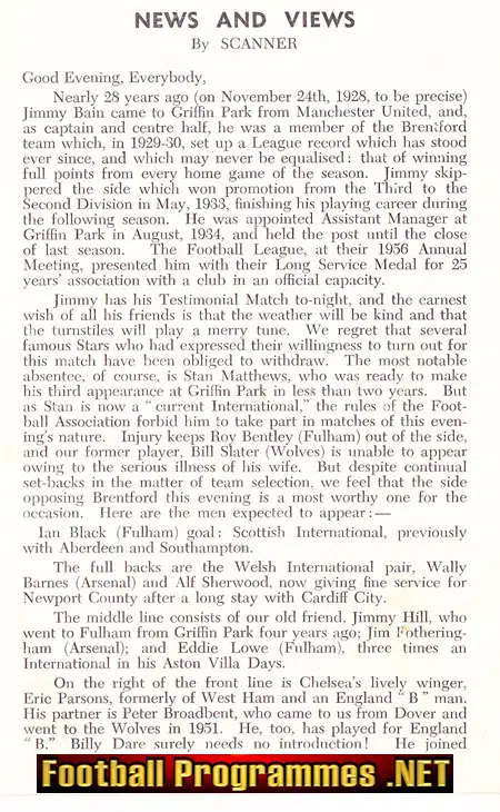 Jimmy Bain Testimonial Benefit Match Brentford 1956