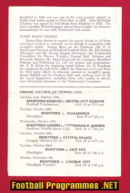 Jimmy Bain Testimonial Benefit Match Brentford 1956