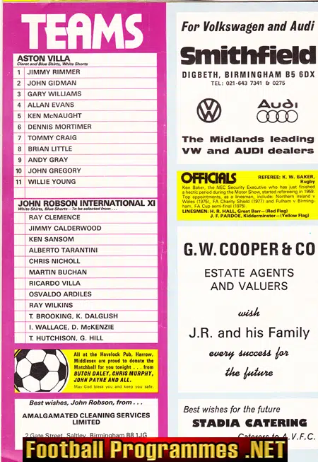 John Robson Testimonial Benefit Game Aston Villa 1978