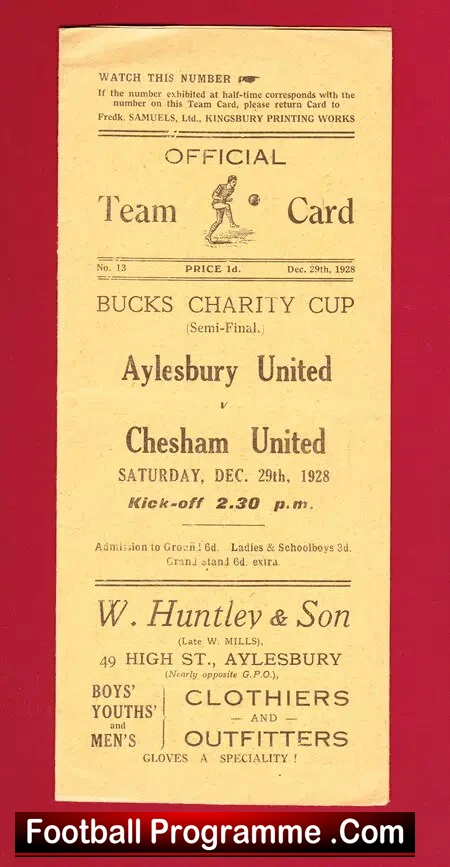 Aylesbury United v Chesham United 1928 – 1920’s Programme