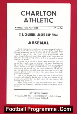 Charlton Athletic v Arsenal 1966 - SE Counties Cup Final - football programme