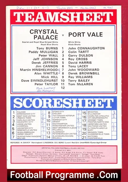 Crystal Palace v Port Vale 1975