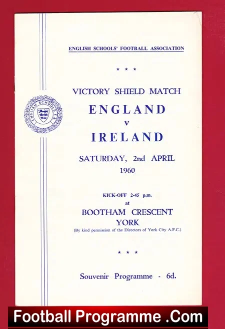 England v Northern Ireland 1960 – Schoolboys Shield at York City