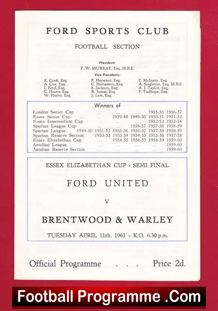 Ford United v Brentwood Warley 1961 Essex Elizabethian SemiFinal