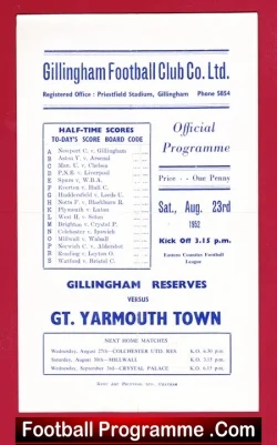 Gillingham v Great Yarmouth 1952 - Reserves Match - Priestfield - football programme