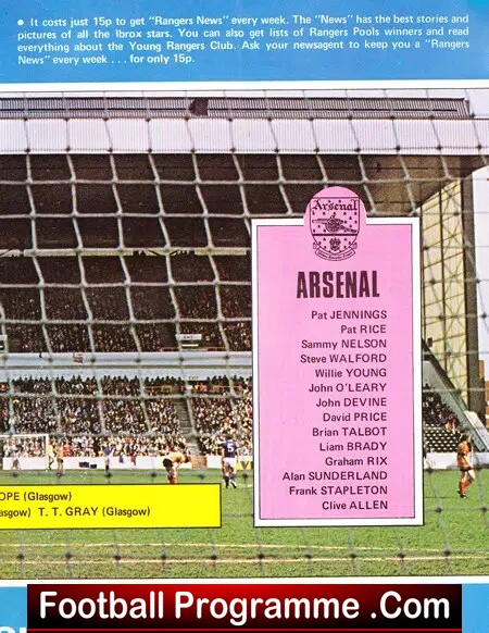 Glasgow Rangers v Arsenal 1980 - Friendly Challenge Match
