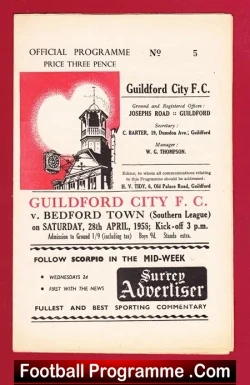Guildford City v Bedford Town 1956 + Official Comps Slip - football programme