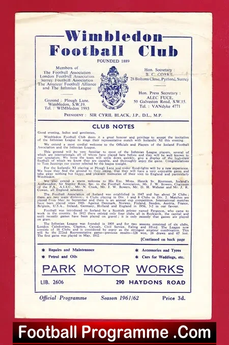 Istmian League v Iceland 1961 – Friendly Match at Wimbledon