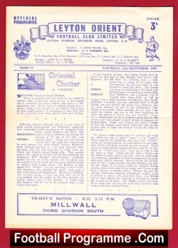 Leyton Orient v Millwall 1953 - football programme