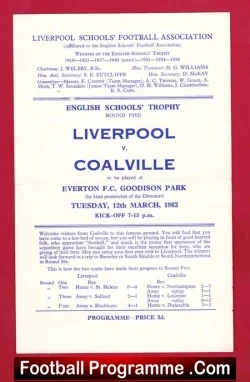Liverpool v Coalville 1963 - Everton Goodison Park School Boys - football programme