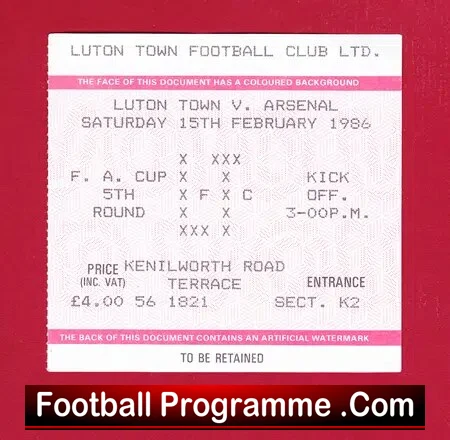 Luton Town v Arsenal 1986 – Football Ticket