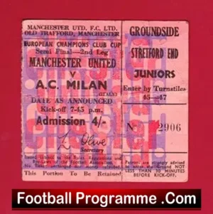 Manchester United v AC Milan 1969 Ticket European Cup Semi Final
