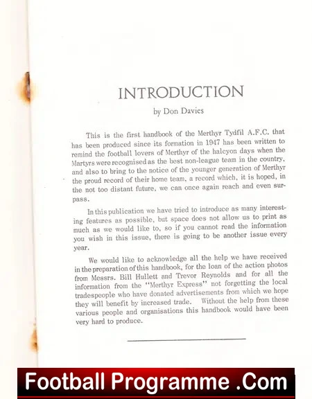 Merthyr Tydfil Football Club Official Handbook 1967 - 1968 First