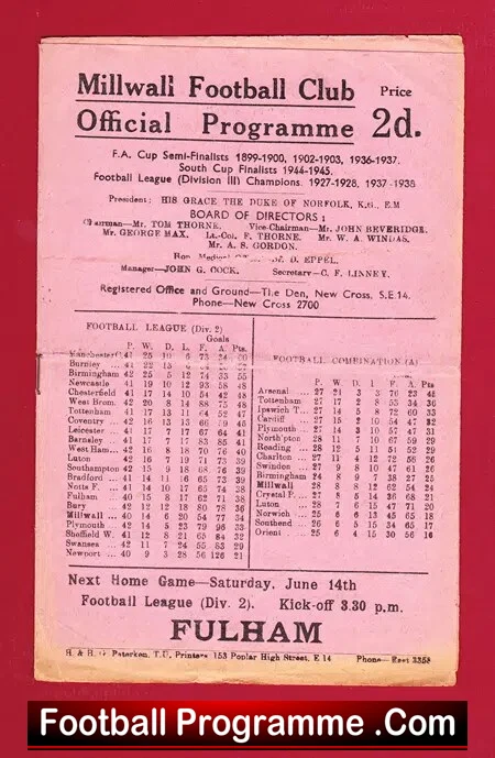 Millwall v Burnley 1947 – 1940’s Football Programme
