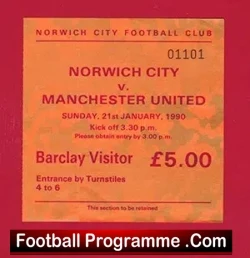 Norwich City v Manchester United 1990 – Football Ticket