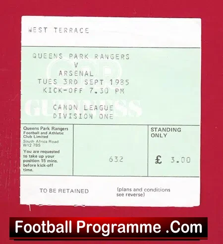 Queens Park Rangers v Arsenal 1985 – Football Ticket