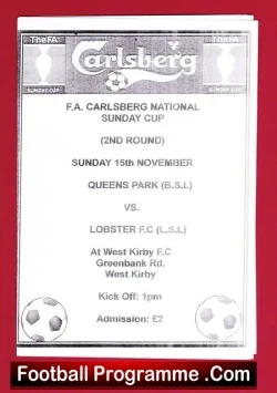 Queens Park v Lobster 2009 - Sunday Cup Marine Park West Kirby - football programme