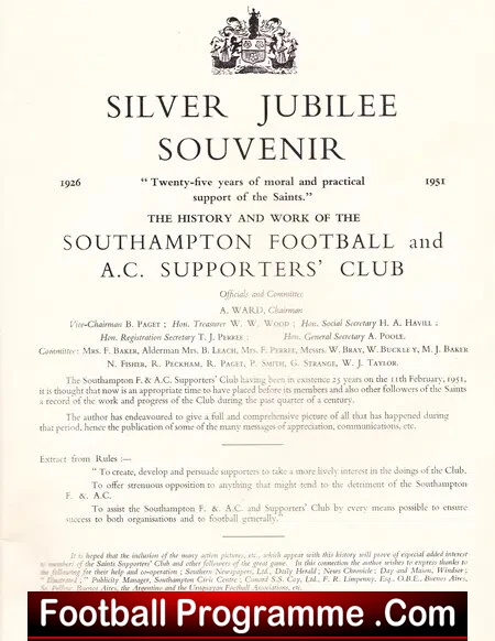 Southampton Football Club Supporters Silver Jubilee Booklet 1951