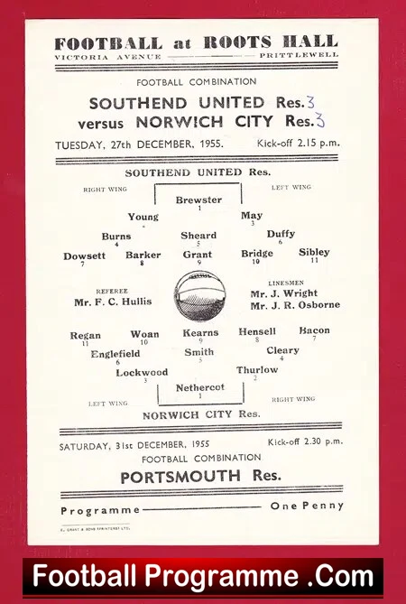 Southend United v Norwich City 1955 – Reserves Match