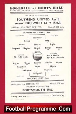 Southend United v Norwich City 1955 - Reserves Match - football programme