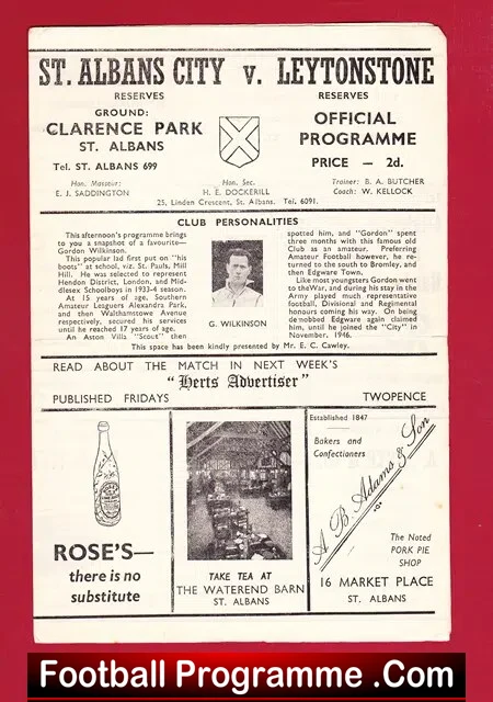 St Albans City v Leytonstone 1946 – Reserves Match