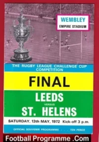St Helens Rugby v Leeds 1972 - Cup Final Signed + Rosette - sports memorabilia